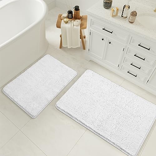 LOCHAS Bathroom Rugs Sets 2 Piece, Chenille Non Slip Bath Mat Set, White | Thick Absorbent Machine Washable Quick Dry Carpet for Bathroom Floor - color: White, size: 1'5" x 2' (Rectangular)