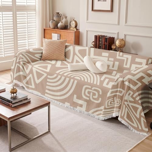 Couch Cover Blanket, Polyester, 71x118 Inch, Boho Abstract Aztec | Geometric Decorative Non Slip Soft Washable Furniture Protector Throw for Sofa - color: Boho Beige