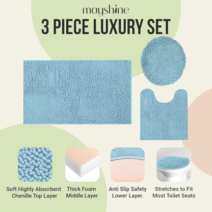 Standard 3pc Set Chenille Bath Mats, Includes 21"x24" U-Shaped Contour Toilet Rug, 21"x34" Inches Bathmat and 1 Toilet Lid Cover, Plush Absorbent Bath Mats Quick Dry, Spa Blue - color: Spa Blue, size: 24"x21", 34"x21" and TLC (Set)