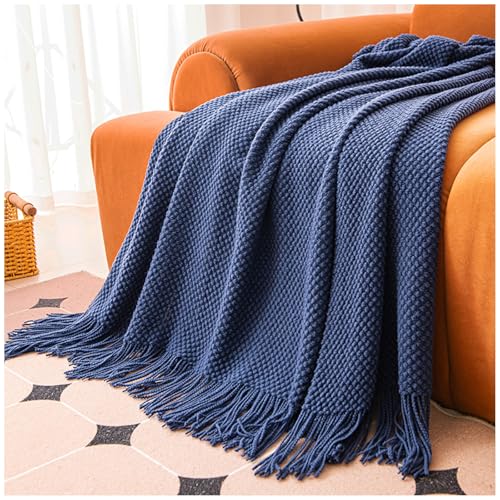 Knitted Throw Blanket for Couch,Plain Color Blanket with Tassel,Bed Throws,Home Decorative Blankets for Couch Sofa Bed Chair Spring Summer Fall,Soft Warm Cozy Light Weight,Blue,127x170cm/50x67in - color: Blue, size: 127x170cm/50x67in