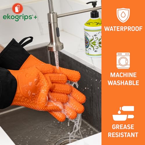 Ekogrips Plus Oven Gloves with Fingers, Comfy Waterproof Silicone Oven Mitts Heat Resistant with Long Cuff, Insulated BBQ Gloves Perfect for Grilling, Baking, Smoker, Canning, Pizza, Red, Hot Mitts - color: Red, size: OSFM