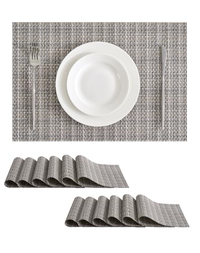Leetaltree Woven Vinyl Placemats Set of 12, Beige Gray | High Density, Basketweave Woven, Stain Resistant, Easy to Clean, Washable Table Mats for Indoor Dining and Outdoor Patio - color: 00- Beige Gray, size: Set of 12
