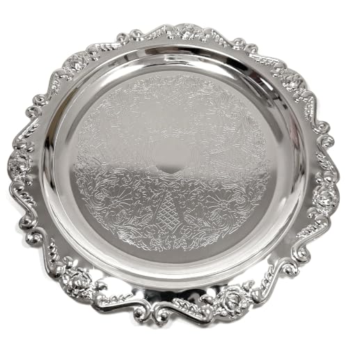 Serving Tray 10 Inch Metal Decorative Round Silver Plates, 2Pcs | Electroplating Craft, Vintage Engraved Aesthetic, Multi-Purpose, for Kitchen Vanity Jewelry Party Decor