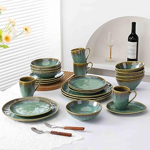 Henten Home Ceramic Appetizer Plate Set, 6.75 Inch Dessert Plates, Reactive Glaze Serving Plates for Snack, Sushi, Set of 4, Microwave & Dishwasher Safe (Green) - color: Green, size: 6.75 inch