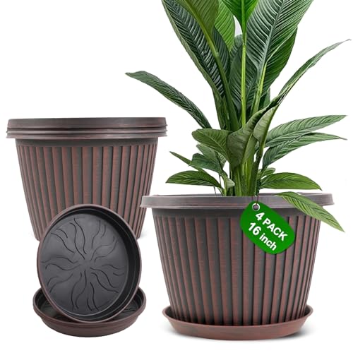 Large-Planter-Indoor-Outdoor Plant Pots, 16 inch 4 Pack Plastic Flower Pots with Saucer And Drainage Holes, Modern Garden Planters For Planting Medium Large Plants， Decorative Resin Garden Pots - color: Red Brown, size: 16 inch