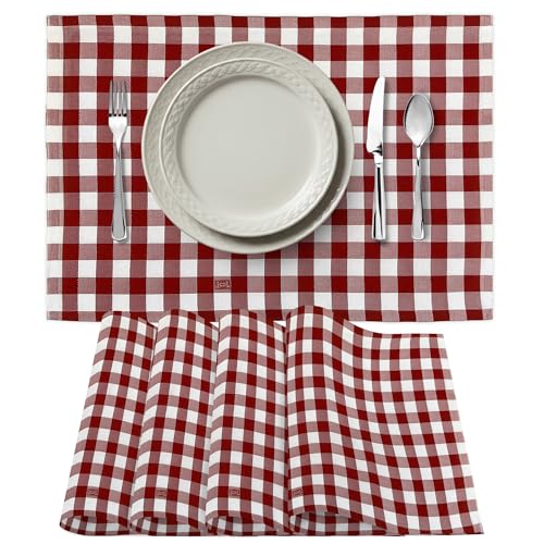 Premium Gingham Check Cloth Placemats by Carlo Lamperti Italy (Set of 4) 100% Cotton Red Plaid Place Mats, 20x14 Jacquard Woven Cloth Stain Release Fabric for Dining Table, Machine Wash - color: Cherry Red