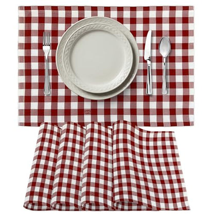 Premium Gingham Check Cloth Placemats by Carlo Lamperti Italy (Set of 4) 100% Cotton Red Plaid Place Mats, 20x14 Jacquard Woven Cloth Stain Release Fabric for Dining Table, Machine Wash - color: Cherry Red