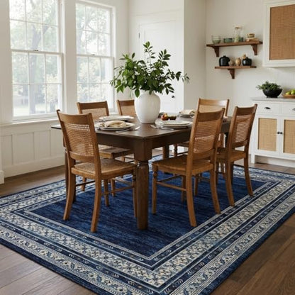 Modern Solid Area Rug 5x7 Washable Non Slip Neutral Rugs for Living Room, Non-Shedding Stain Resistant Bordered Throw Carpet, Neutral Foldable Floor Rugs for Bedroom Dining Table, Blue | Non Slip Neutral Border Non Shedding Stain Resistant Low Pile Foldab