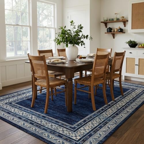 8x10 Area Rugs for Living Room, Machine Washable Area Rug for Bedroom, Modern Solid Rug with Non Slip Backing, Stain Resistant Non Shedding Bordered Carpet for Dining Room, Kids Room, Blue | Modern Solid Non Slip Backing Neutral Border Stain Resistant Non