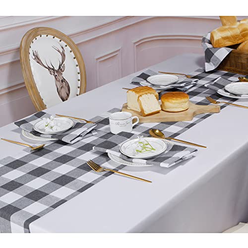 Buffalo Plaid Cotton Blend Table Runner, Buffalo Check Collection, Classic Farmhouse Style, 14x72 - Gray and White - color: Gray and White, size: 14*72inch