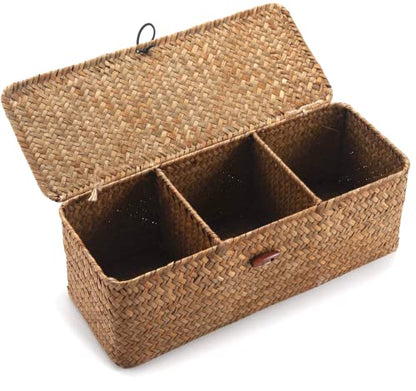 Seagrass Woven Storage Basket with Lid, Rectangular Narrow Tampon Toilet Tank Organizer - color: 3 Section with Lid