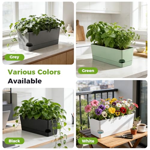 2 Pack Self Watering Pots for Indoor Plants 17 Inches Window Boxes Planters Rectangular Flower Pots Rectangle Herb Pots Large Plant Pots with Drainage Holes and Saucers Windowsill Planter, Green - color: Green