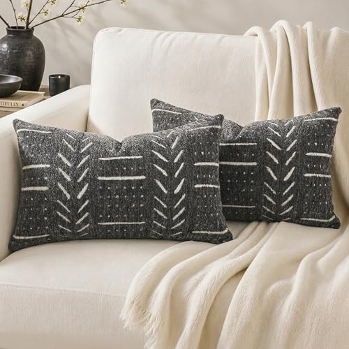 Decorative Lumbar Pillow Covers 12x20 Set of 2, Soft Woven Chenille Accent Pillow Covers for Couch Sofa Bed, Textured Farmhouse Cushion Covers, Charcoal Gray - color: Charcoal Gray, size: 20" x 12" (Pack of 2)