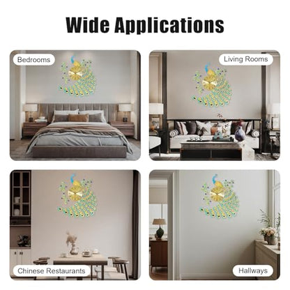 Large Peacock Wall Clock, 27.5" Luxury 3D Wall Clock Non-Ticking Silent Gold Metal Decorative Wall Clock Art Digital Wall Decor for Living Room Bedroom Office - size: 25.59*27.56in