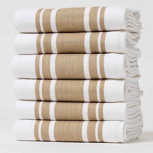 Kitchen Towels Set – Pack of 6 (20’’ x 30’’) Extra Large Premium Cotton Dish Towels for Kitchen – Super Striped Towels – Absorbent – 100% Cotton – with Hanging Loop – Beige - color: Beige Super Striped, size: Pack of 6