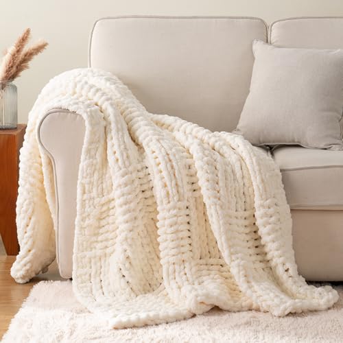 Bunnikins & Clover Cream White Throw Blanket, 50"x60" | Hand Knitted Blanket with Chenille Yarn, Chunky Knit Throw Blanket for Bed Living Room Home Decor - color: Cream