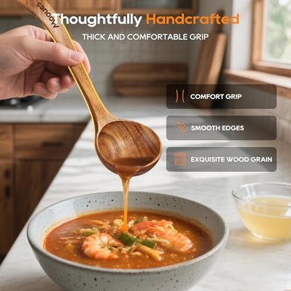 Wooden Ladle for Soup, 3 Size Teak Wood Ladle Spoon with Back Hooks, Heat Resistant Wooden Spoons for Cooking, Non-Stick, Comfortable Grip, Wood Kitchen Utensils Set for Serving, Stirring - size: 3 PCS Set