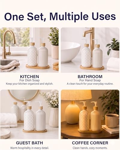 Getstar Hand and Dish Soap Dispenser Set, Ceramic Soap Dispenser for Bathroom and Kitchen with Rust Proof Pump and Bamboo Tray, Set of 2
