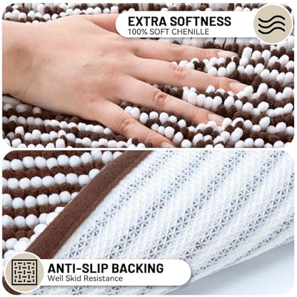Chenille Bathroom Rugs Set 2 Piece, Absorbent Bath Rugs, Non-Slip Bath Mats, Machine Washable Rugs for Bathroom Floor, Tub and Shower, Coffee&White (20 × 32 Plus 17 ×24 - Inch) - color: Brown &White