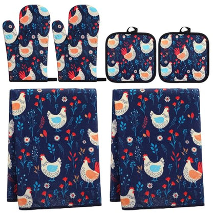 Frienda 6 Pcs Chicken Kitchen Oven Mitts Pot Holders and Dish Towels Set | Fall Thanksgiving Farmhouse Kitchen Decor Rooster Lover Gifts for Women Mom Cooking Baking Accessories - style: Cute Roosters