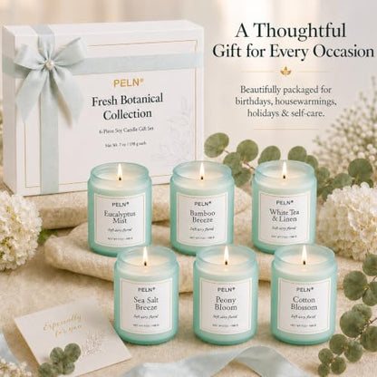 Scented Candles Gift Set, 6-Pack 7 oz Soy Candles, Fresh Botanical Scents | Eucalyptus, White Tea, Sea Salt & Peony. Up to 300 Hours for Home & Relaxation; Candle Gifts for Women, Moms & Housewarmings - color: Fresh Botanical Collection