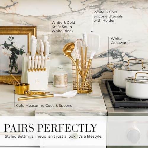Styled Settings White and Gold Kitchen Utensils Set with Holder, 15-Piece | Nonstick BPA-Free Silicone Cooking Utensils with Measuring Cups and Spoons - Luxury Kitchen Accessories for Stylish Cooking - color: 15 Piece White & Gold