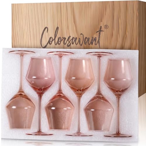 Hand Blown Coral Peach Pink Wine Glasses Set of 6 – 16oz Tulip Lead-Free Crystal Stemware – Elegant Soft Blush Colored Glassware for Weddings, Dinner Parties & Gifts - color: Coral Peach Pink