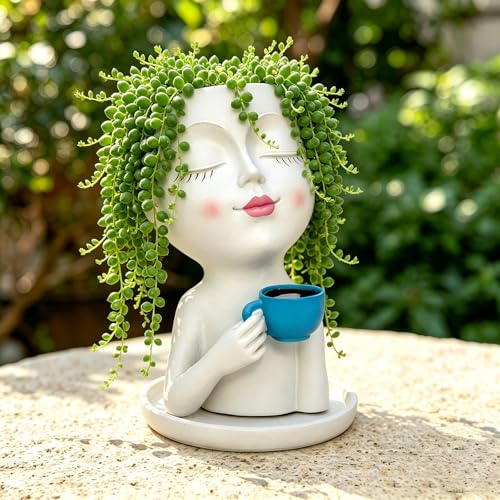 Face Planter for Indoor Outdoor, Cute Resin Head Planter, Unique Succulent Flower Pot with Drainage Hole, 7.9" Face Plant Pots Home Garden Decor Gift for Women Mom Teacher (White) - color: White