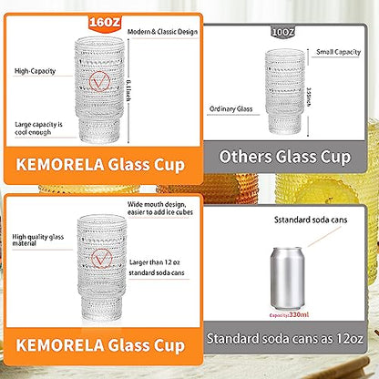 KEMORELA Elegant Highball Glassware Set - 16oz XL Glasses - Mixed Drinks, Iced Coffee, Beer, Juice, Water - Hobnail, Beaded Designs - Set of 4 | Stylish Collection for Any Occasion - color: 4PCS-16oz