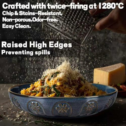 Pasta Bowls, 50oz Large Salad Serving Bowls, 9.75'' Plates Bowls Set of 4, Big Ceramic Soup Bowls for Kitchen, Embossment Shallow Dinner Bowl, Microwave Dishwasher Safe, Pinwheel Flower, Blue - color: Blue (Pinwheel Flower)