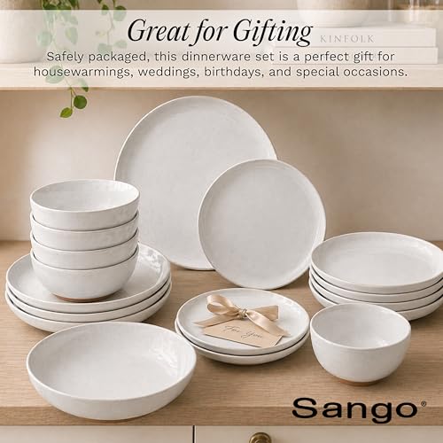 Sango 16-Piece Boho Farmhouse Stoneware Dinnerware Set for 4, Semi-Matte White Plates and Bowls Sets with Rustic Speckled Glaze, Ceramic Dish Set, Modern Dishes, Microwave & Dishwasher Safe, Kaya - color: White