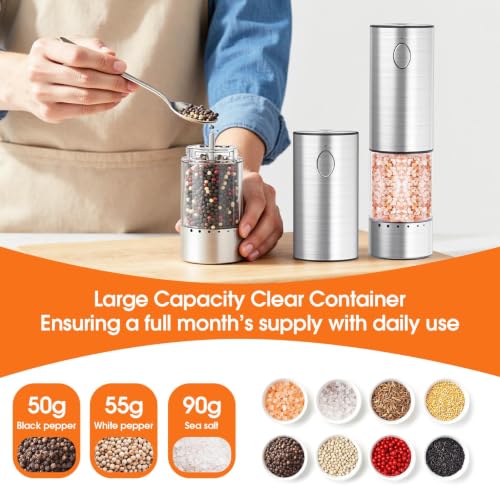 WOWBOX Electric Salt and Pepper Grinder Set, 2 PCS Rechargeable 95L Large | Stainless Steel, Large Capacity, Electric Grinding System, Kitchen Seasoning Tool, BBQ Outdoor Restaurant, With LED light
