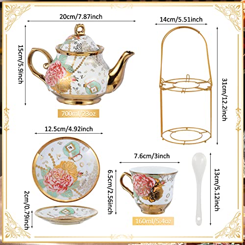 Zhehao 20 Pcs Porcelain Tea Set with Metal Holder and Spoon Adult Ceramic Tea Set European Flower Painting Teapot Cup Saucer Spoon for Women Mom Gift, Large Version (Bright Style) - color: Bright Style