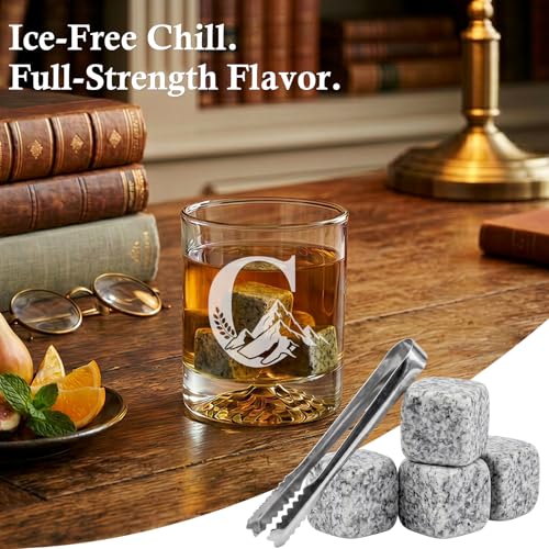Personalized Whiskey Glass Gift Set for Men – Monogrammed Initial Rocks Glass with Slate Coaster, Wooden Box & Whiskey Stones, Birthday Father's Day for Him Dad Husband (C) - style: C