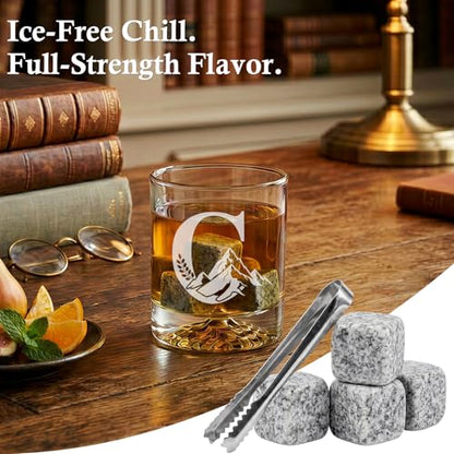 Personalized Whiskey Glass Gift Set for Men – Monogrammed Initial Rocks Glass with Slate Coaster, Wooden Box & Whiskey Stones, Birthday Father's Day for Him Dad Husband (C) - style: C