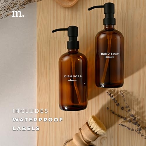 MaisoNovo Soap Dispenser 2-Piece Set | 16.9oz Amber Bottles with Black Plastic Pumps - color: Amber/Black