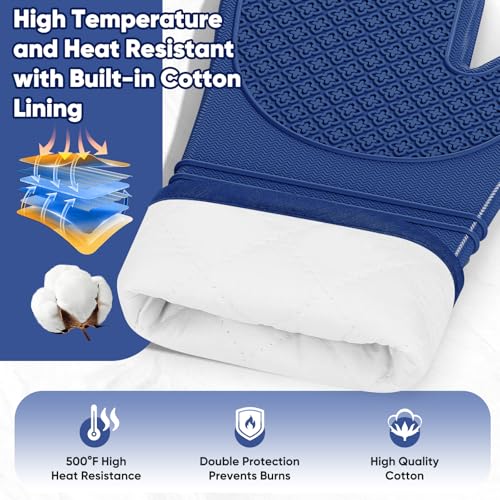 Silicone Oven Mitts, Heat Resistant Oven Gloves with Quilted Liner, Waterproof & Non-Slip Kitchen Mittens for Baking Cooking BBQ, 500°F, 12.5"-Madnight Blue - color: Madnight Blue