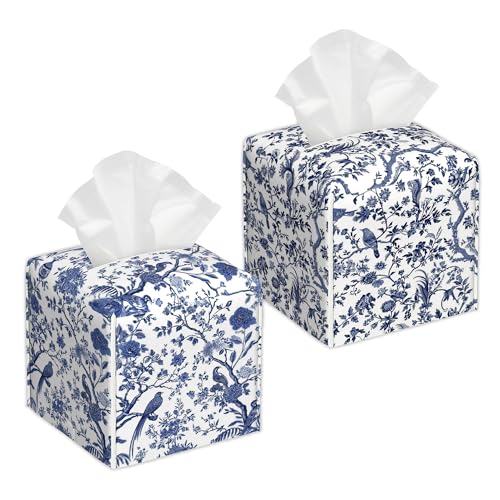 Vintage Floral and Blue Bird 2 Pcs Tissue Box Cover Square, Leather Tissue Box Holder for Bathroom Livingroom Bedroom, Spring Flowers Decorations Cube Tissue Holder - color: Vintage Floral and Blue Bird