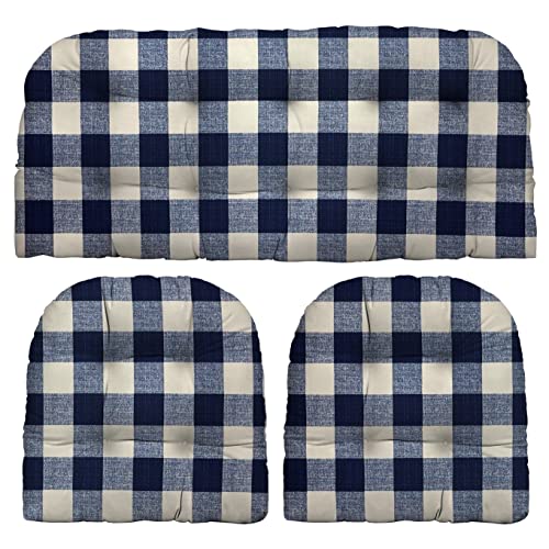 RSH DECOR 3Piece Wicker Tufted Outdoor Chair Cushions for Patio Furniture, Blue Buffalo Plaid Loveseat Cushion Set, 41” x 19” Bench & 2 Seat Cushions, Wicker Patio Furniture Cushion, Made in USA - color: Blue Buffalo Plaid, size: 41" x 19" & 2 - 19" x 19"