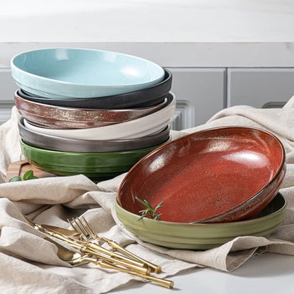 HAPPY KIT Stoneware 9'' Pasta Bowls 42oz Set of 4, Emerald Green - color: EmeraldGreen