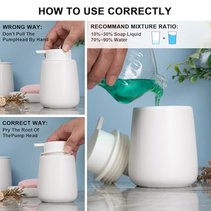 Ceramic Bathroom Accessories Set 6 Pcs, White Bathroom Accessory Set Includes Foaming Soap Dispenser with Rust-Proof Plastic Pump, Bathroom Cup, Qtip Holder, Soap Dish, 2Pcs Adhesive Hooks for Home - size: 6pcs-Foam