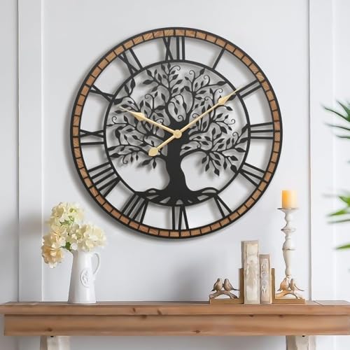 Micasso Large Wall Clock Decorative: 35 Inch Tree of Life Battery Operated | Modern Farmhouse Metal Wood Frame - Roman Numeral Clocks for Living Room/High-Ceiling/Fireplace Decor - Ideal for Homemakers - color: Tree, size: 35 Inch