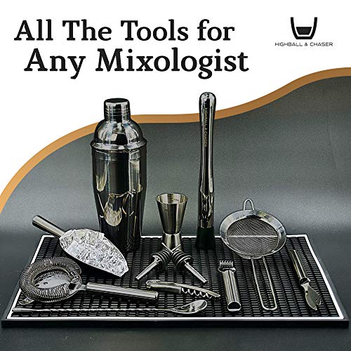 Highball & Chaser 13-Piece Cobbler Cocktail Shaker Set: Black Polished Stainless Steel Bartender Kit for Home Bar Set | Laser Engraved Tools Plus E-Book with 30 Recipes - color: Gunmetal
