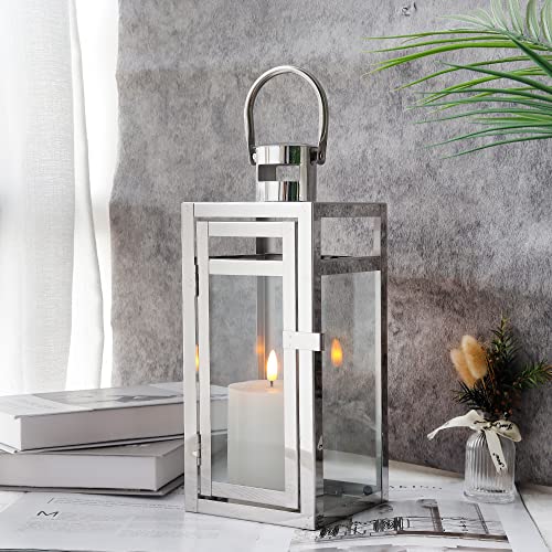 TRIROCKS Stainless Steel Decorative Lantern 12'' High Metal Hanging Lantern with Clear Glass Panels Perfect for Home Decor Living Room Parties Events Tabletop Indoors Outdoors (Silver) - color: Silver