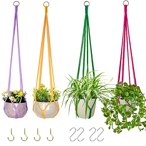 Hanging Planters for Plants with 8 Hooks, Handmade Colorful Cotton Rope Hanging Plant Holder Indoor & Outdoor Boho Room Decor Hanging Ceiling Decor，4 Pack. (4 Color)