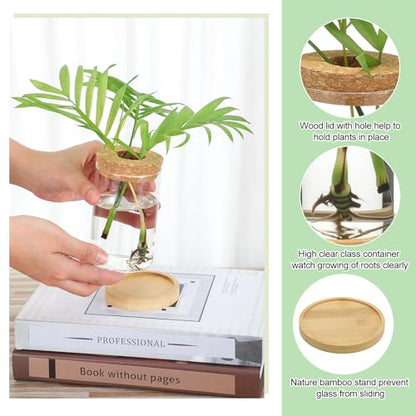 Layhit 4 Pcs Plants Propagation Stations vases Glass Planters with Wooden Lid and Bamboo Stand for Hydroponic Plants Gardening Gifts for Women Mom Home Office Tabletop Decoration(Wide Mouth Style) - style: Beautiful Home Decorations