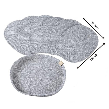Oval Cotton Rope Placemats Set of 6 with Holder, Heather Gray | 6 x 12 inch, machine washable, softly blended gray weave, everyday heat protection - color: Heather Gray, size: 16*12