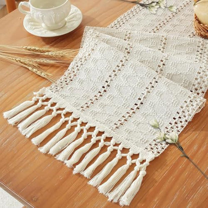 Macrame Table Runner Cream Beige Boho Table Runners with Tassels 48 Inches Long, Rustic Farmhouse Table Runners for Living Room Bridal Shower(12x48in, Fringe Included) - color: Cream Beige, size: 12"x48"