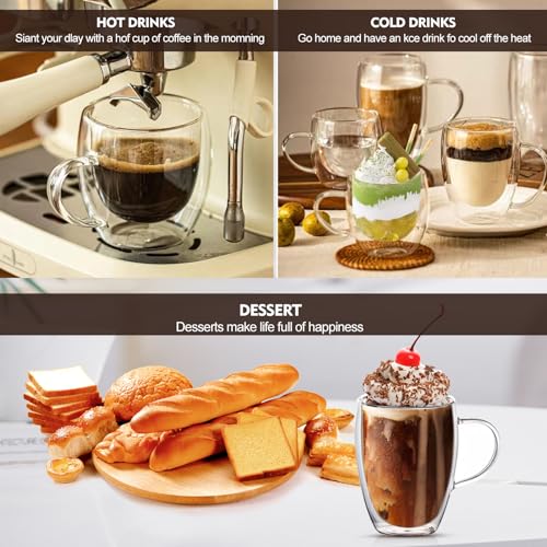 12 oz/350ml Double Walled Glass Coffee Mugs, Glass Coffee Cups Set of 4, Insulated Borosilicate Clear Glasses, Espresso Cappuccino Latte Tea Cups with Handle for Latte, Hot/Cold Drink - size: 12 oz/350ml
