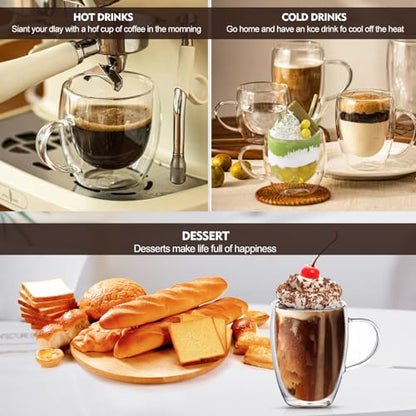 12 oz/350ml Double Walled Glass Coffee Mugs, Glass Coffee Cups Set of 4, Insulated Borosilicate Clear Glasses, Espresso Cappuccino Latte Tea Cups with Handle for Latte, Hot/Cold Drink - size: 12 oz/350ml